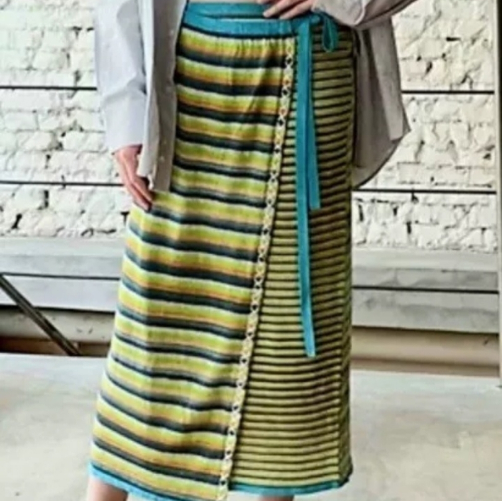 YanYan Skirt Sweater Knit Wrap Striped Turquoise Lime Multi Mixed Media NWOT